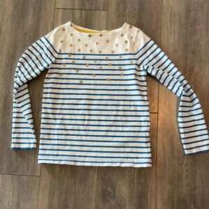 Boden Kids Long Sleeve Shirt with Blue Stripes and Gold Dots, Size 9/10